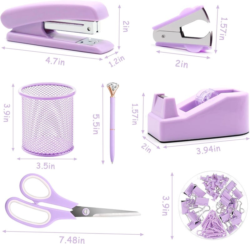Famassi Purple Office Supplies, Purple Desk Accessories, Stapler, Staple Remover, Tape Holder, Pen Holder, Ballpoint Pen, Scissor, Binder Clips, Paper Clips and 1000pcs Staples. - Image 2